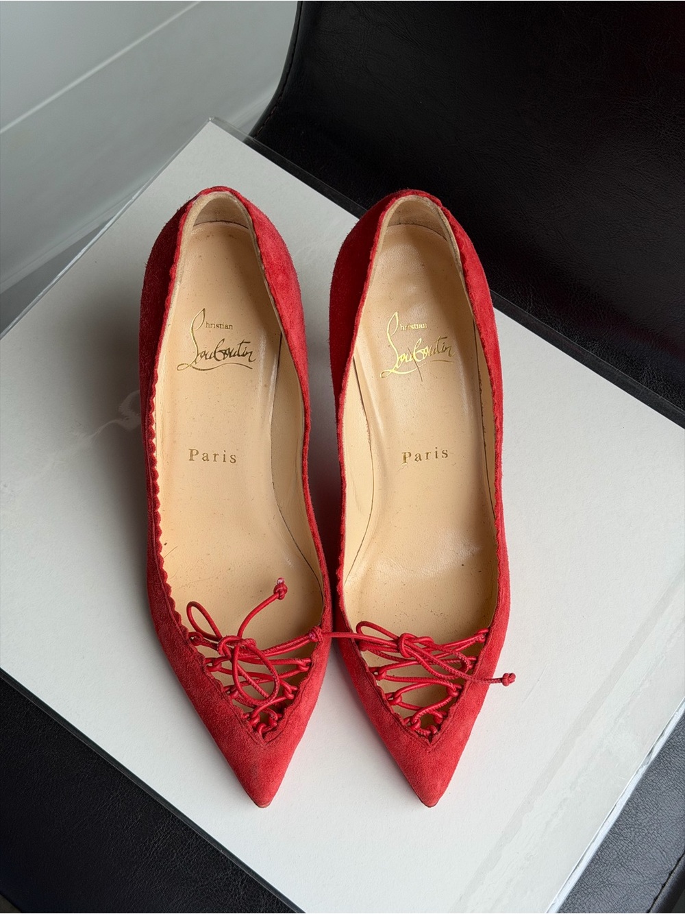 Christian Louboutin Red Suede Pointed-Toe Lace-Up Flats